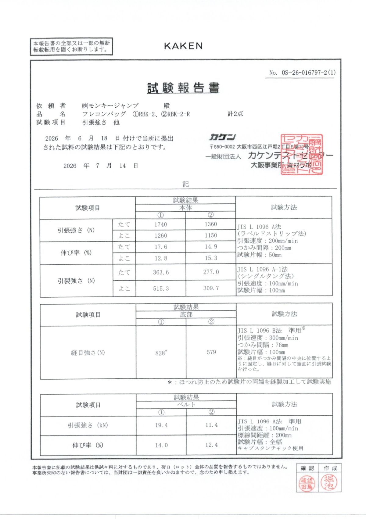 外部第三者試験機関によるフレコンバッグ試験報告書を公開しま…
